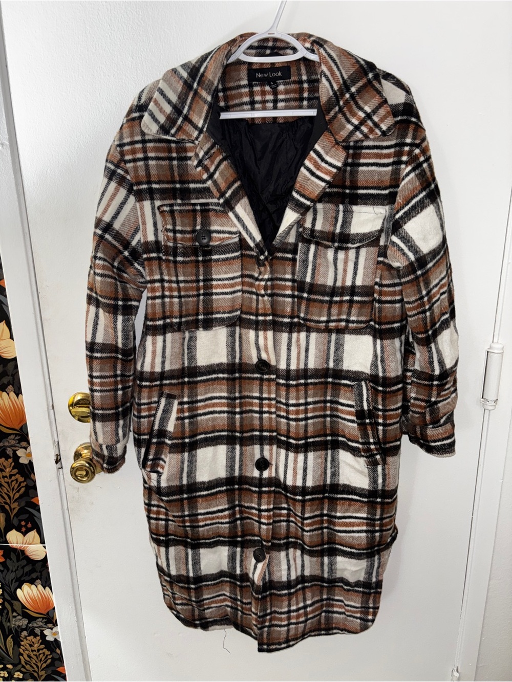 New Look Brown and Cream Plaid Long Trench Coat